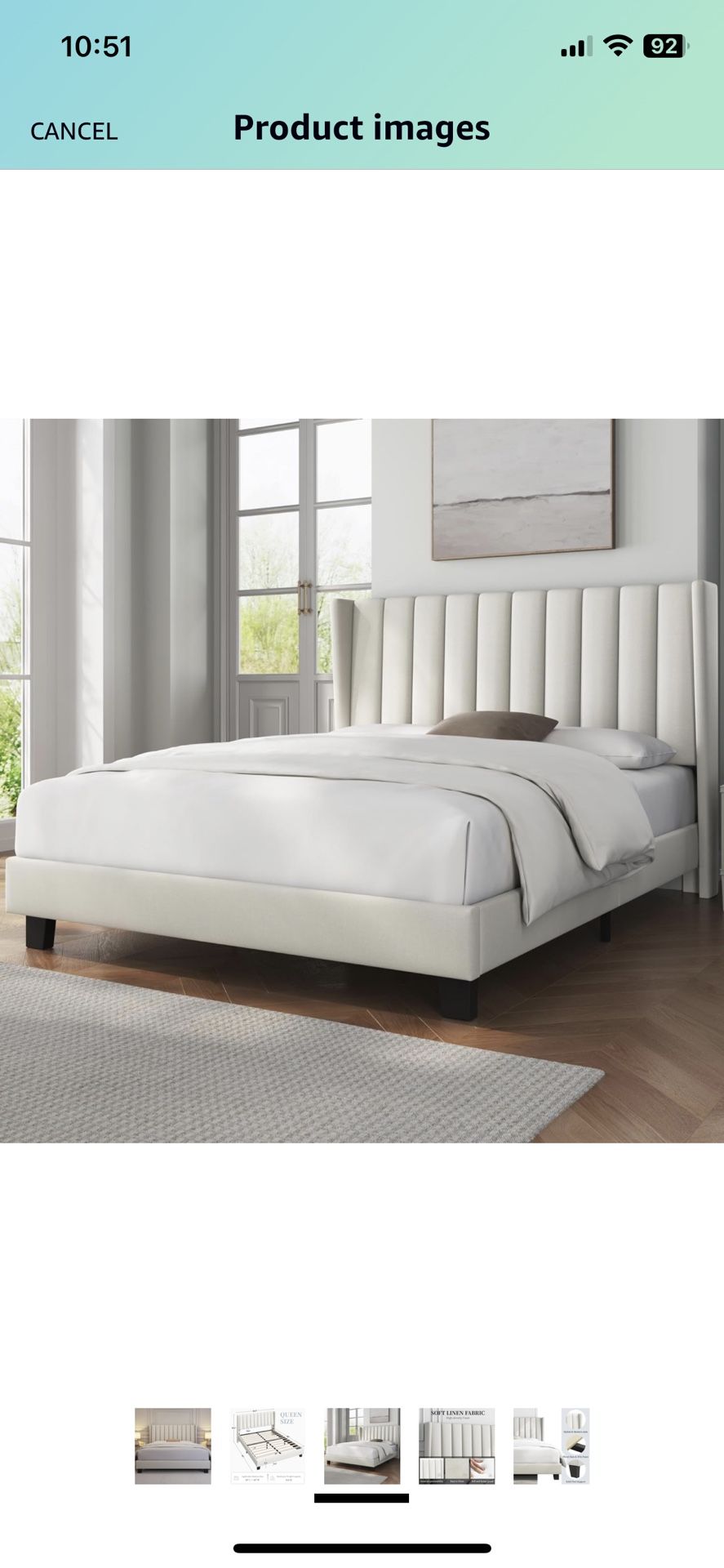 Selling Cream Queen Bed Frame with Fabric Headboard