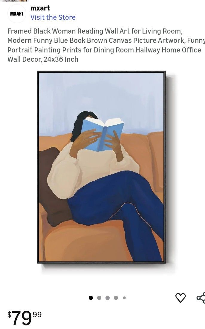 Framed Black Woman Reading Wall Art for Living Room, Modern Funny Blue Book Brown Canvas Picture Artwork, Portrait Painting Prints for Dining Room Hal