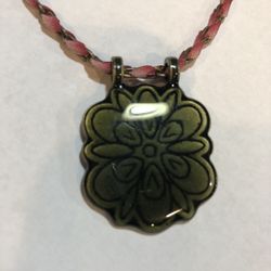 Jade green pendant pink ribbon necklace