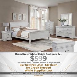 White Sleigh Bedroom Set – Bed, Dresser, Mirror & Nightstand