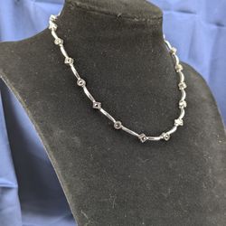 16" Solid Sterling Silver Vintage Designed Necklace with Round & Square Marcasite Stones Station