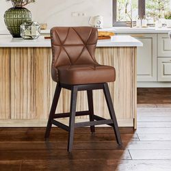 26 in. Dark Brown Wood Frame Faux Leather Upholstered Swivel Bar Stool (Set of 2)