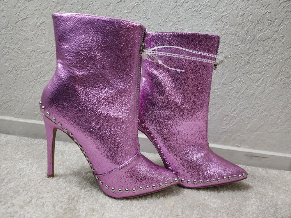 Metallic Pink Purple Heeled Boots (Never Worn)