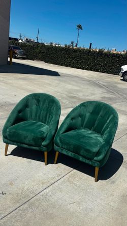 Pair of Green Velvet Barrel Accent Chairs