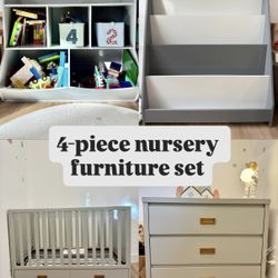 4-Piece Nursery Furniture Set — Crib, Dresser, Bookshelf & Toy Storage
