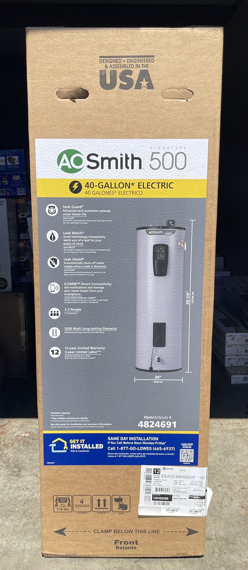 A.O. Smith Signature 500 40-Gallon Tall 5500-watt Double Element Grid Capable Smart Electric Water Heater with Leak Detection