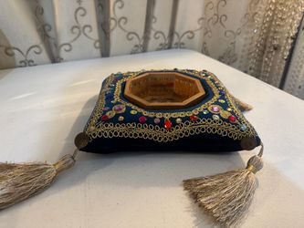 Decorative Velvet Pillow Box with Wood Inlay