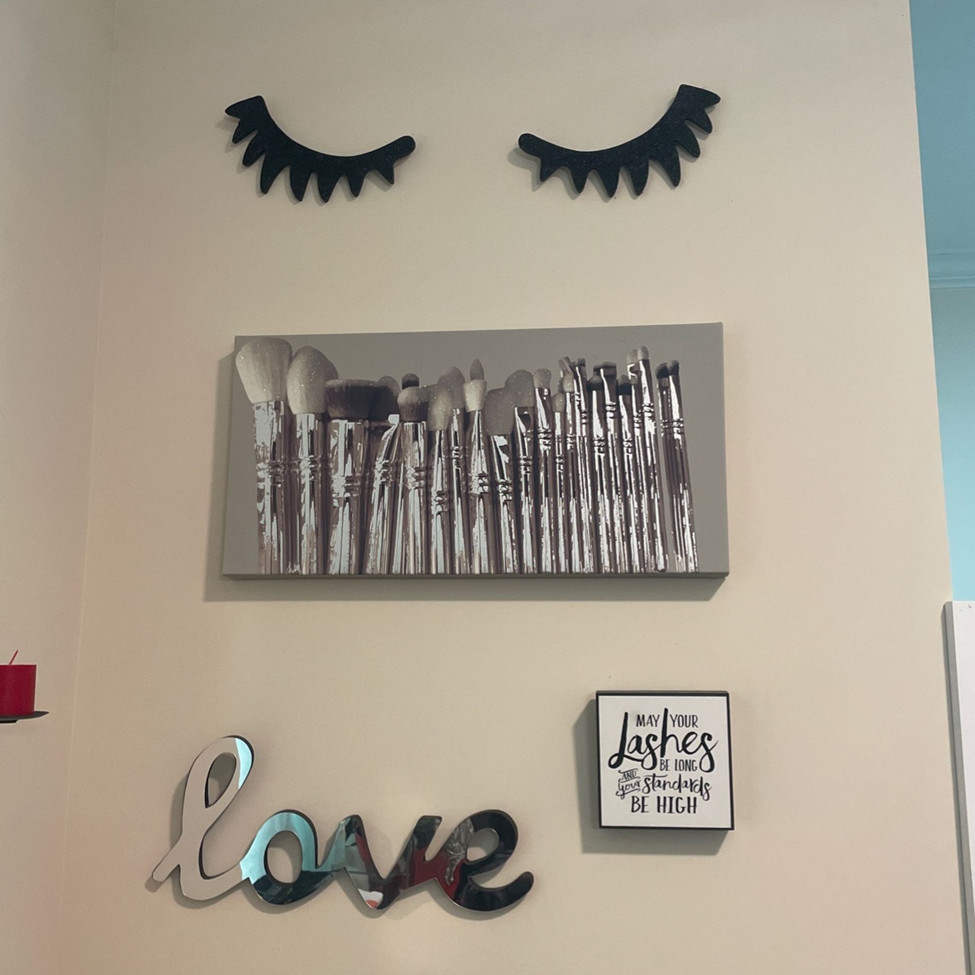 Makeup Brushes On Canvas , Love Mirror, Wooden Square Sign. All For $$40.