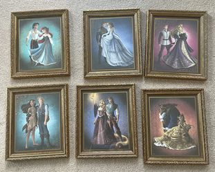 6 DISNEY FAIRYTALE DESIGNER COLLECTION PRINCESS LITHOGRAPH SET WITH FRAMES