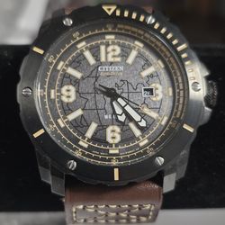 Citizen Eco-Drive Field Watch World Map Dial Brown Leather Solar Date