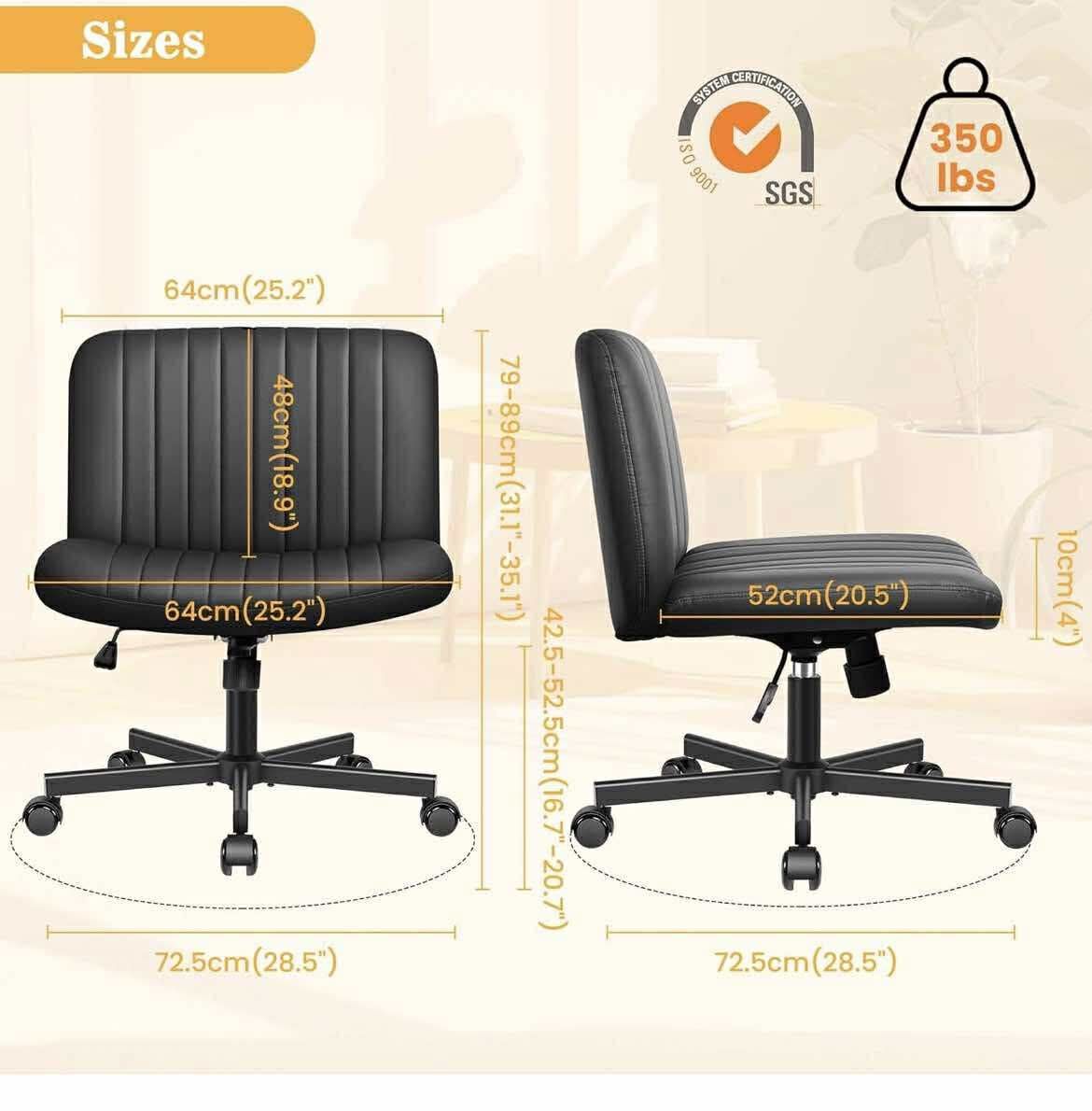 Armless-Office Desk Chair with Wheels, PU Leather Cross Legged Wide Chair