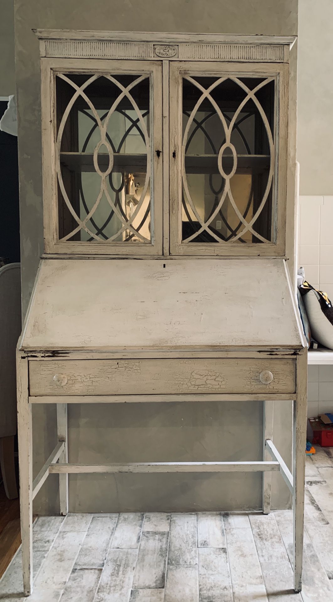 Antique hutch with functional fold down desk. Mirrored back