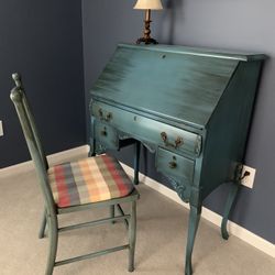 VINTAGE DROP FRONT WRITING DESK WITH MATCHING CHAIR, 31W X 16.5D X 40H