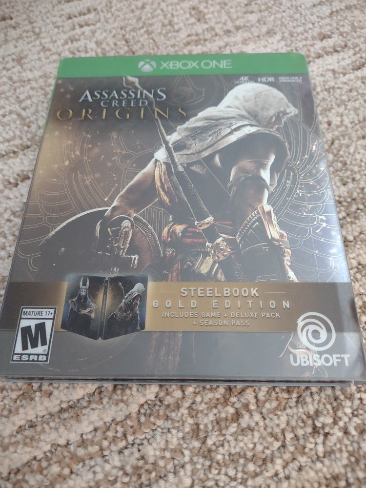 Xbox One Assassins Creed Origins Steelbook Gold Edition, Assassin's Creed Unity Limited Edition, Xbox 360 Mass Effect Trilogy