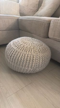 Beige Round Knitted Pouf Ottoman