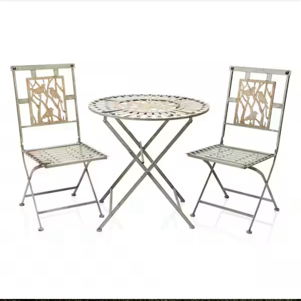 Alpine Birds on Branch 3-Piece Metal Bistro Set | Foldable Outdoor Patio Table & Chairs