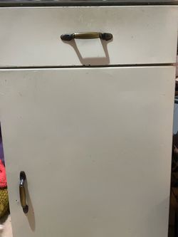 Vintage 1950s White Metal Kitchen Cabinet w/ Formica Top Mid-Century