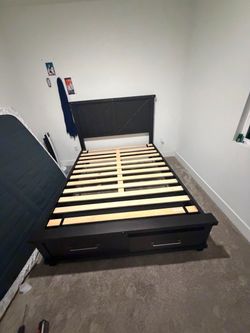 Dark Wood Platform Bed Frame with Storage Drawers