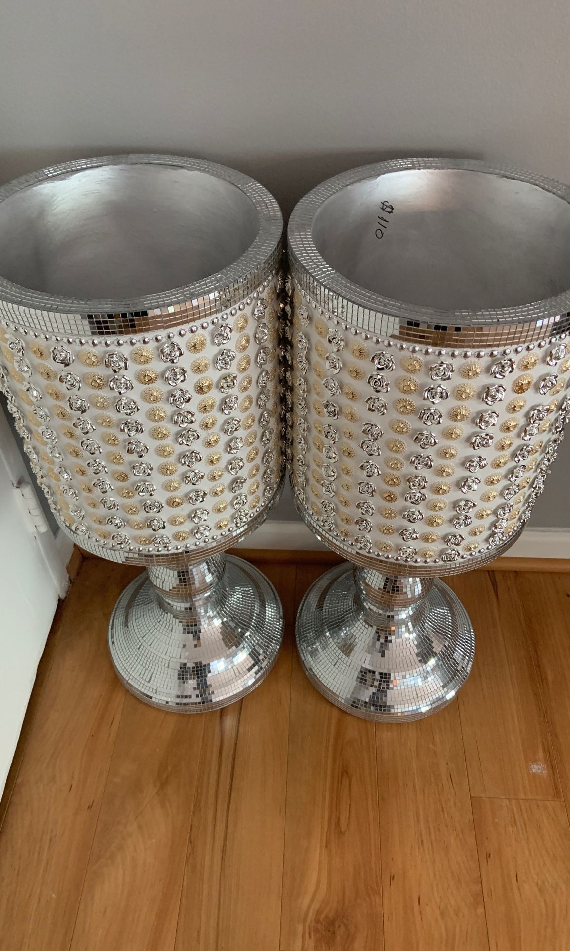 2 silver and gold bling vases