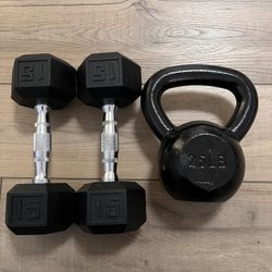 25lbs Kettle Bell And Two 15lbs Dumbbells 