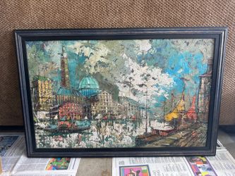 Vintage Mid Century Modern Style Cityscape Oil Painting- Framed