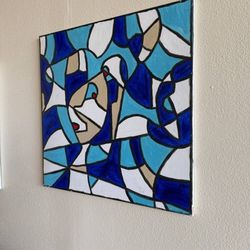 Abstract Blue & White Geometric Painting by Gavin Mc Groggan – Contemporary Modern Art, 30×30