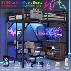 👀🔥 Twin Size Loft Bed with LED Lights and Charging Station, Industrial Heavy Duty Metal