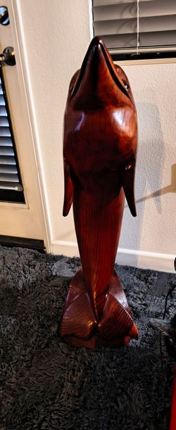 Large Hand-Carved Wooden Dolphin Sculpture