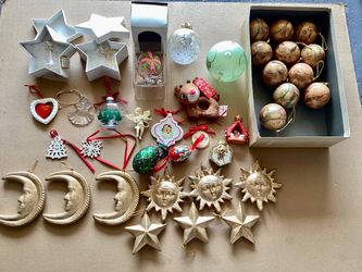 30+ Vtg. Christmas Ornaments LaVie Angels, Rudolf Reindeer Stuffed Animal, Victorian Decoupage Balls, Celestial Themed etc.