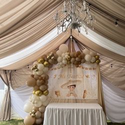 Tent——draping——chairs——tables——-backdrop ———balloongarland———
