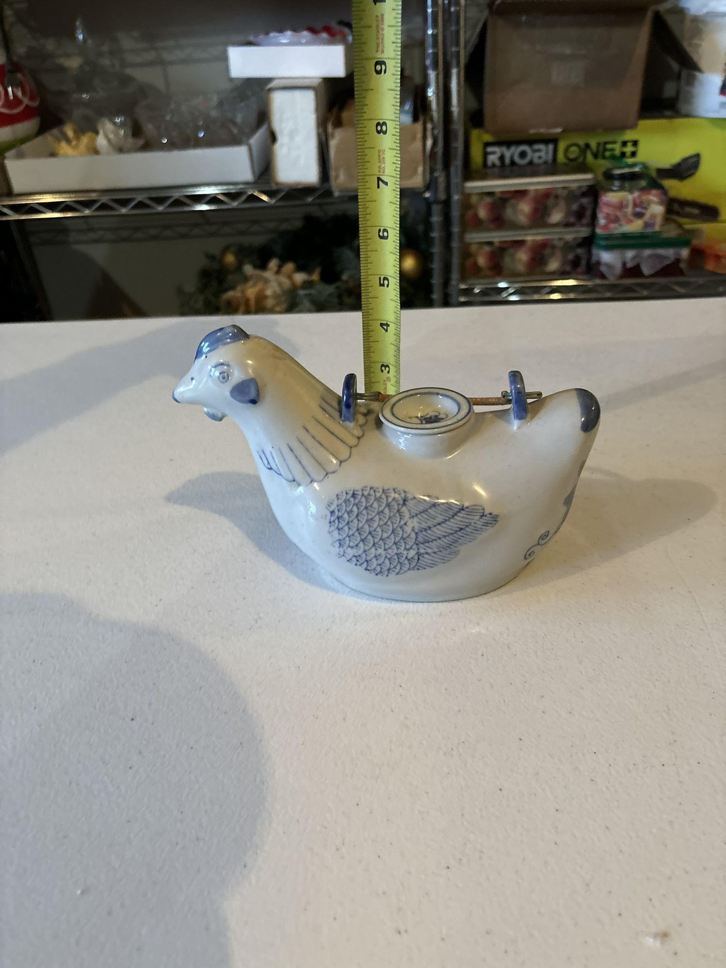 Vintage Asian Chicken / Rooster Teapot W/ Wicker Handle Lid White with Blue