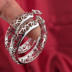 Vintage Lewis Segal Signed Hoop Earrings Silver Tone Openwork Large Statement Hoops