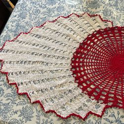 Elegant oval handmade crochet doily cotton red and nylon yarn