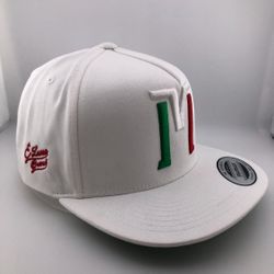 “M” Flat Bill Cap | E Luna Brand PREMIUM | 4 Green, White, Red Thread Logos | 3D Puff Edition