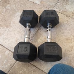 2 15 Pound Hex Dumbbells 