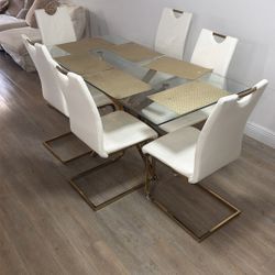 Tablet Of Glass,  6 People,  Chair White&gold 