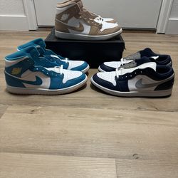 Jordan 1’s (tan gum,  aquatone, midnight navy)