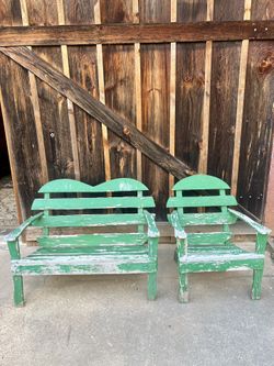 As/Is VTG Handmade Wood Porch Set - Rustic Folk Art Heart-Crest Bench & Chair