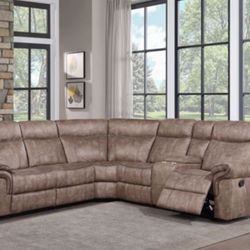 Brand New Two-Toned Chocolate Velvet Reclining Sectional
