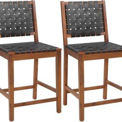 Counter Height Barstools Set of 2-24" Faux Leather Woven Counter Stools