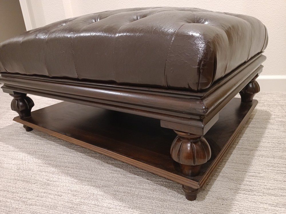 Leather ottoman with bottom wood shelf - Nice Corner Leg Shapes Design