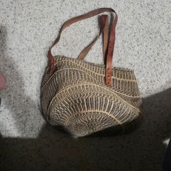 Woven Tote Bag Brown Leather Strap  Bucket Bag / Purse