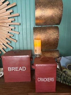 Vintage Country Farmhouse Two's Company Red Metal Bread & Cracker Nesting Storage Boxes $40