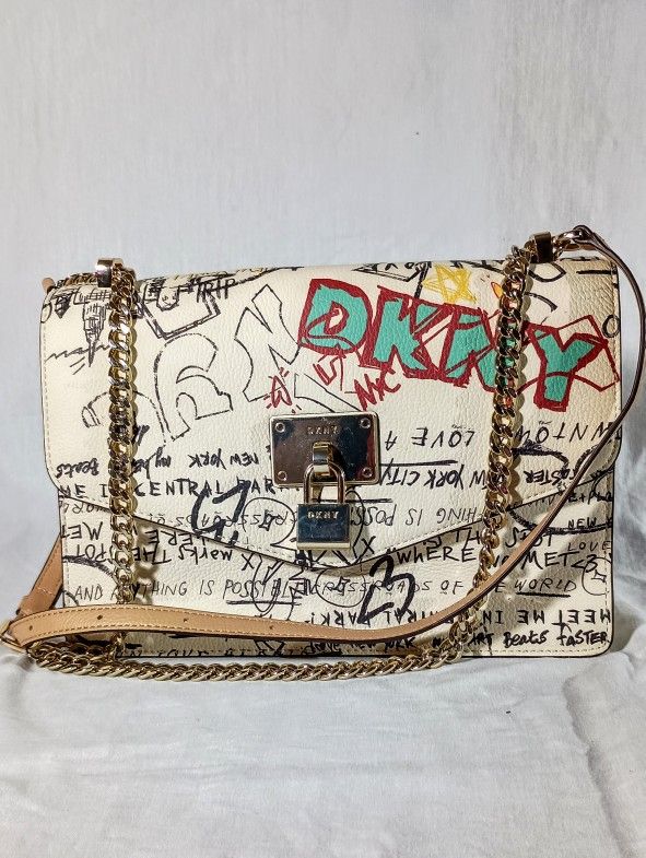 DKNY Elissa Leather Graffiti Logo Chain Strap Shoulder Bag