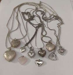10 Sterling Silver Heart Lockets & Pendants w/ Chains