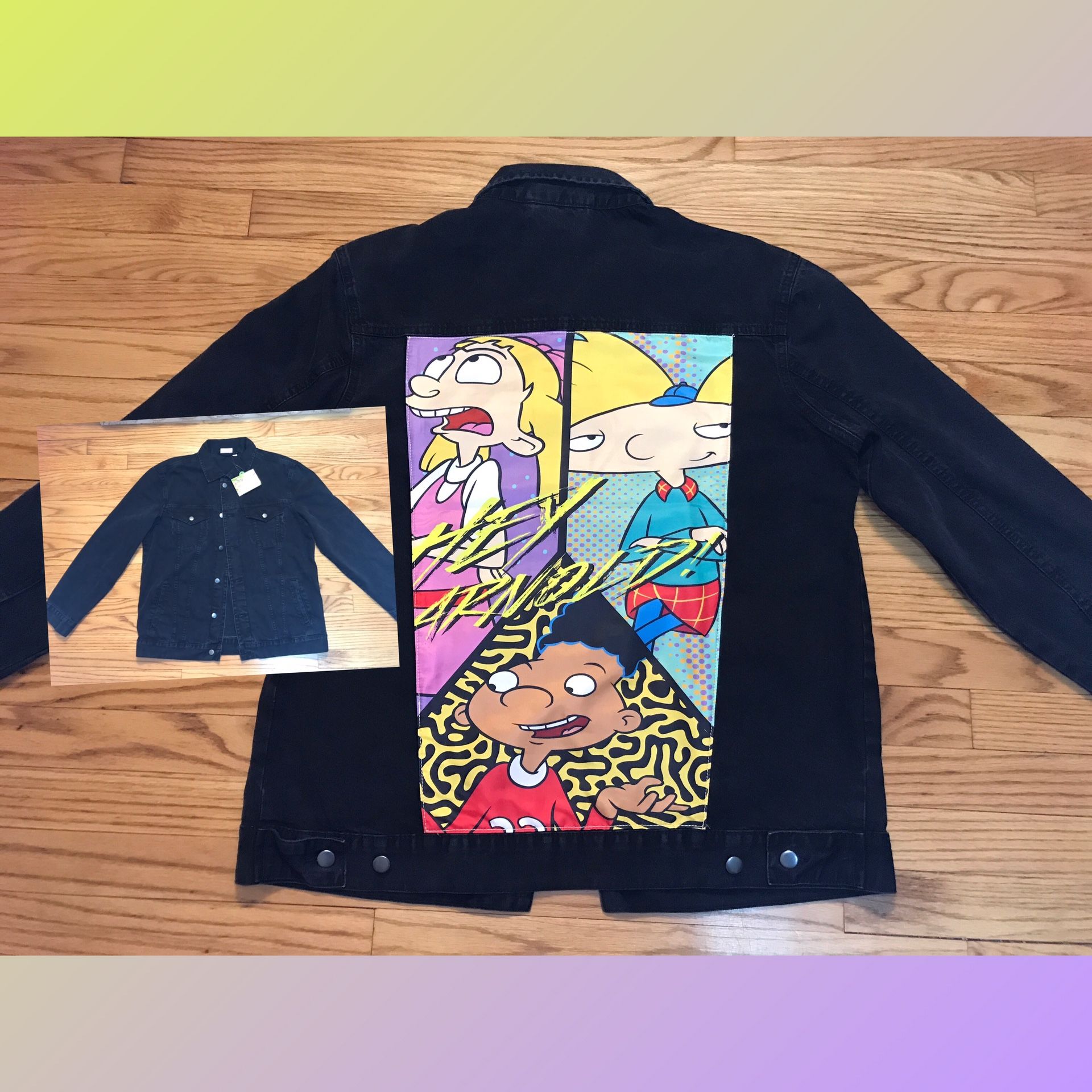 Nickelodeon Print Black denim jacket Hey Arnold Men’s sz Large New!
