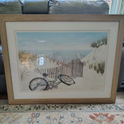 Bicycle By The Beach Print In Wooden Frame