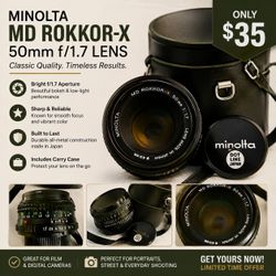 Vintage Minolta MD Rokkor-X 50mm f/1.7 Lens with Carry Case