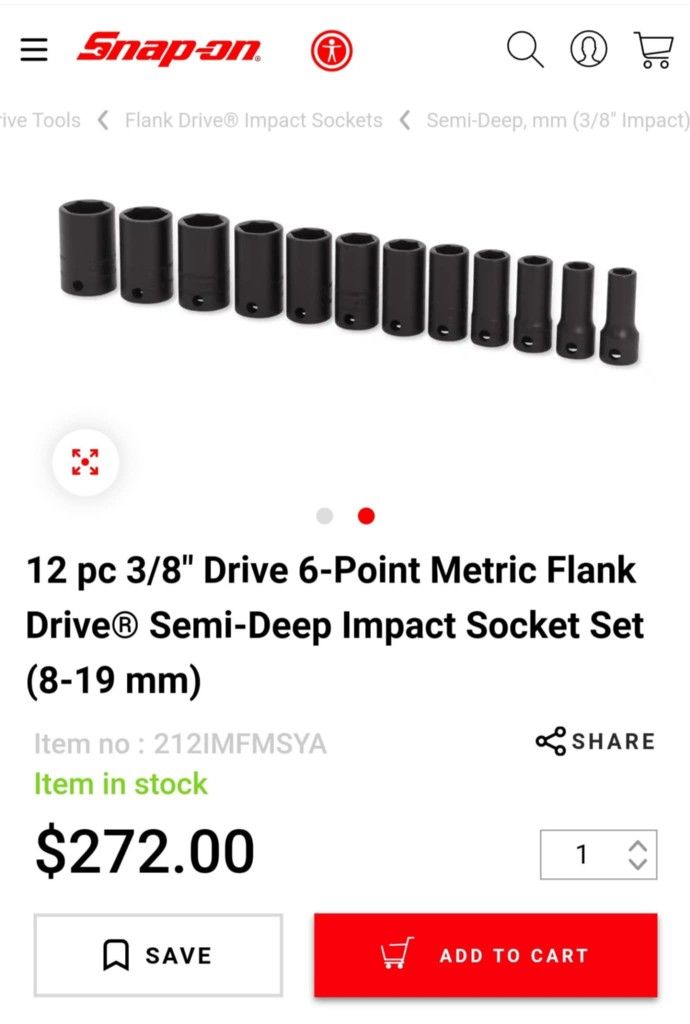 Snap➖On usa tools 3/8 Drive 🔎semi deep impact socket 👁️🗨️set 8mm-19mm ✅