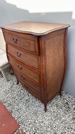 Vintage Wood 5-Drawer Dresser with Woven Rattan Fronts free